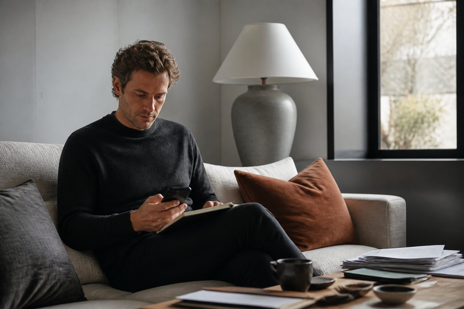 Person auf dem Sofa mit Smartphone und Notizbuch geht Follow-up-Notizen durch