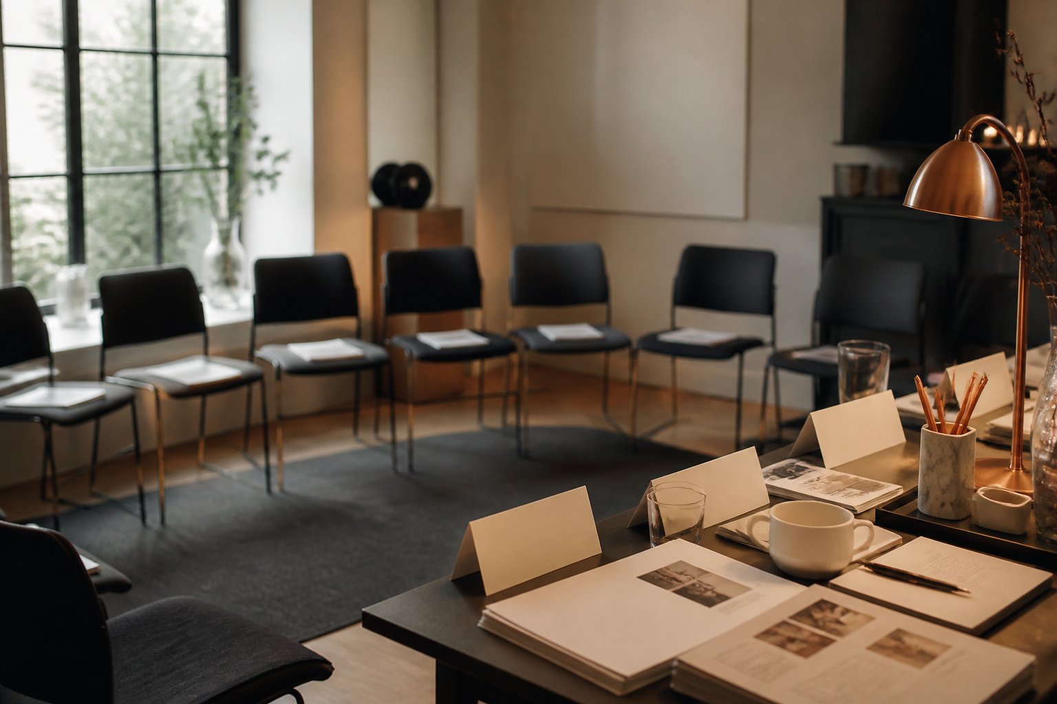 Vorbereiteter Seminarraum mit Stuhlhalbkreis, Namensschildern und Handouts