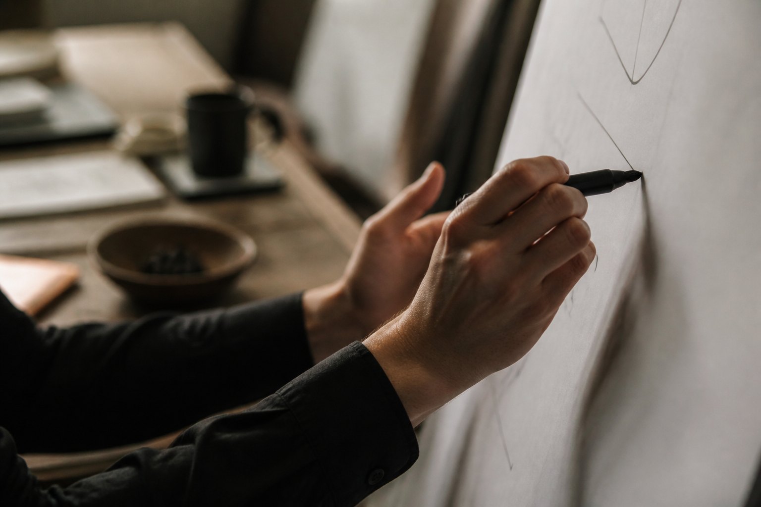 Hände schreiben mit einem dicken Marker auf ein Flipchart