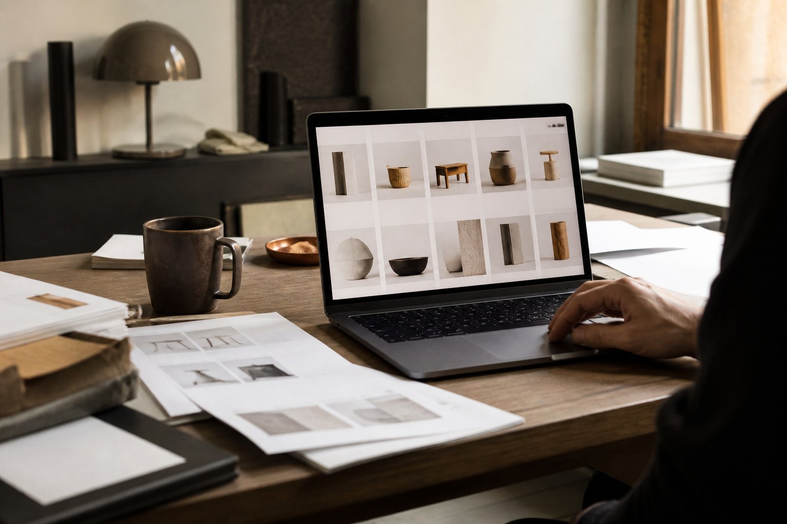 Schreibtisch mit Laptop, Produktraster auf dem Bildschirm und ausgedruckten Preislisten