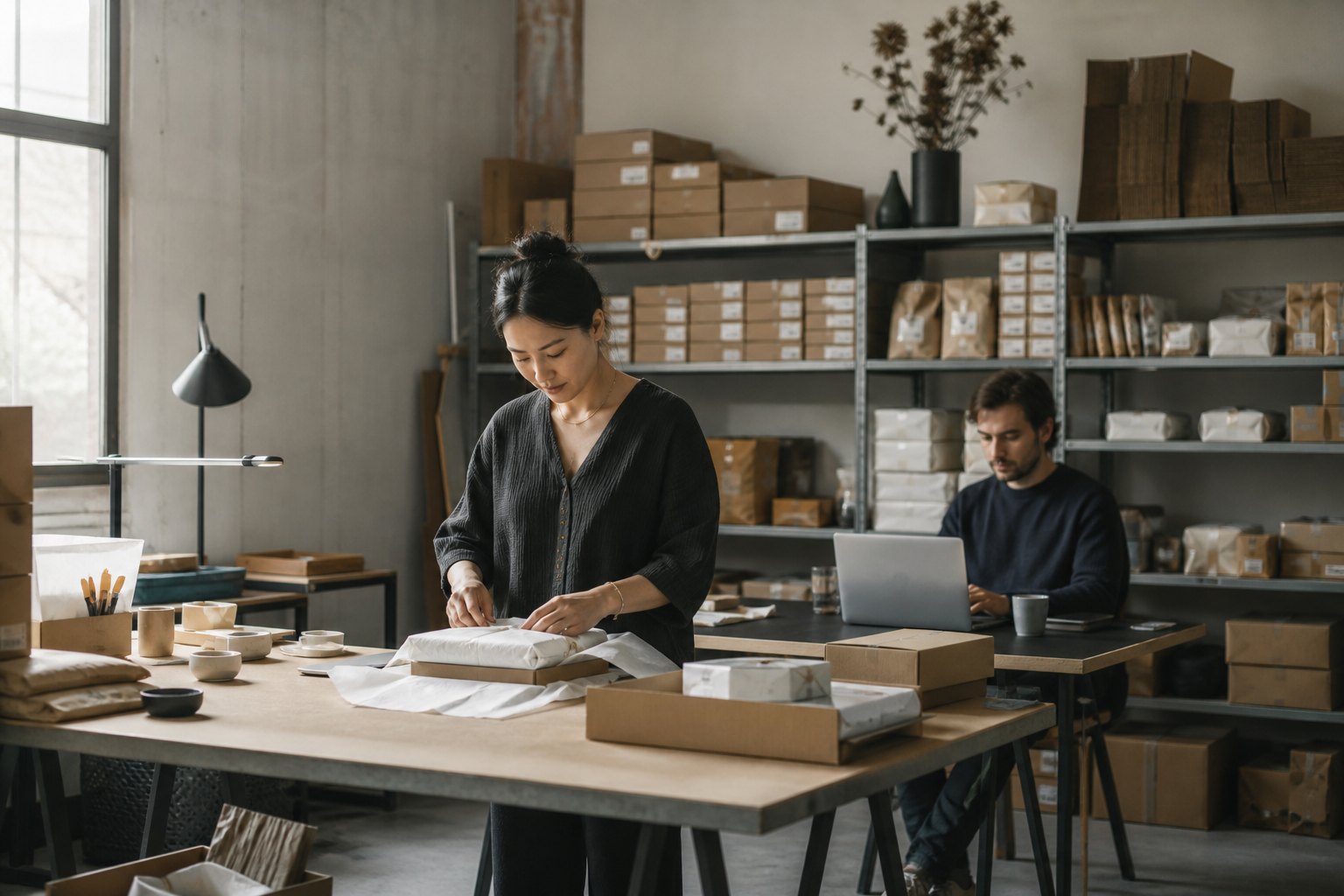 Kleines Onlineshop-Team im Lagerbüro: einer packt ein Paket, eine arbeitet am Laptop, dahinter Regale mit Ware