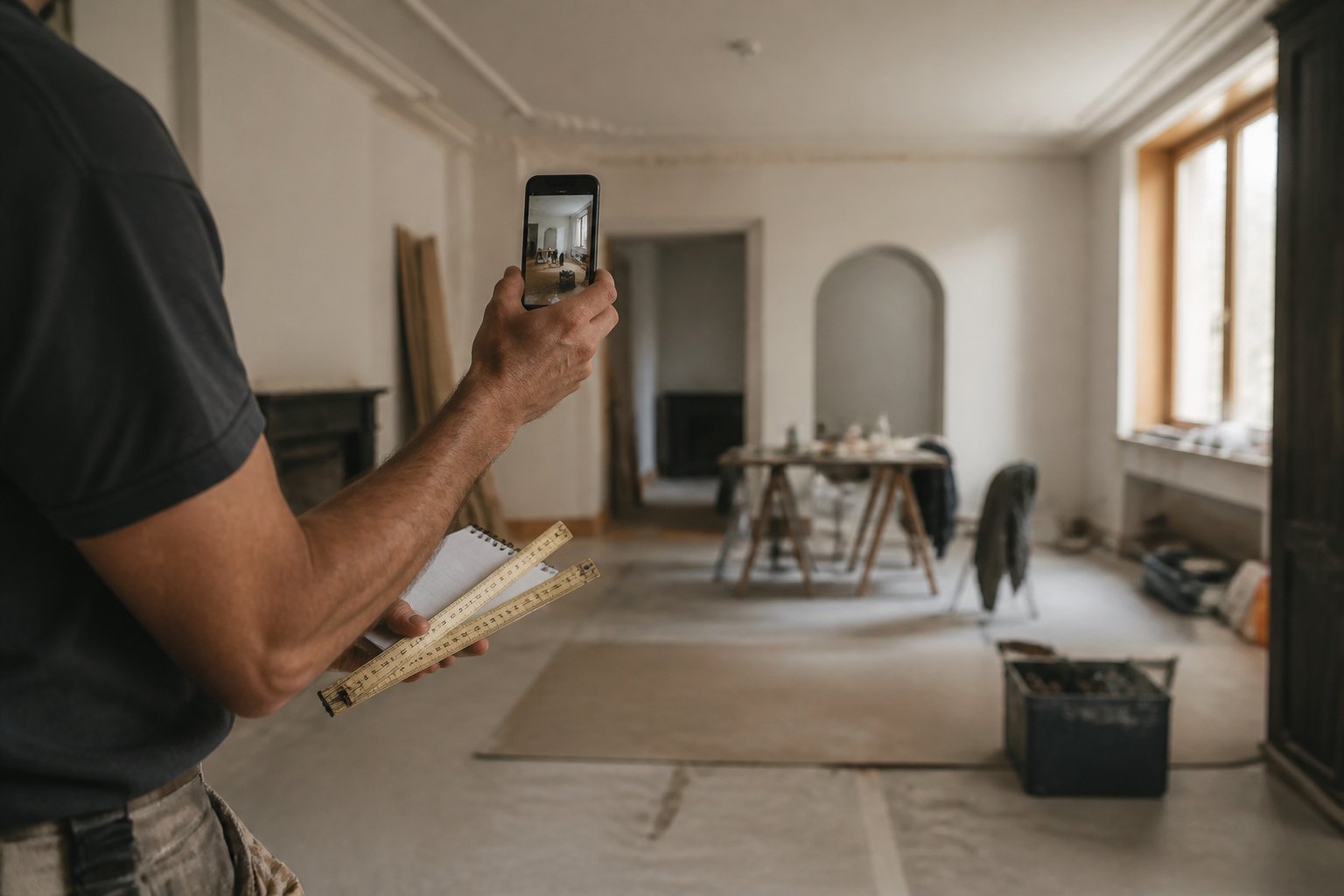 Handwerkerhände fotografieren mit dem Smartphone einen Raum im Umbau, Zollstock in der anderen Hand