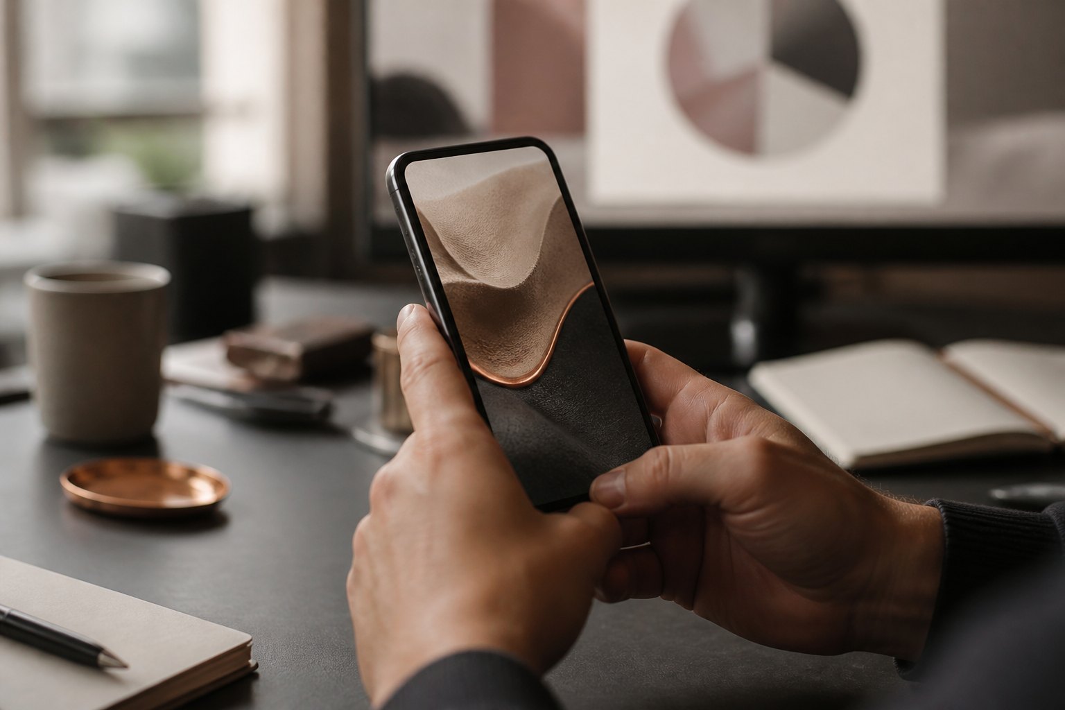 Hände halten ein Smartphone mit einem Werbemotiv, dahinter unscharfe Charts