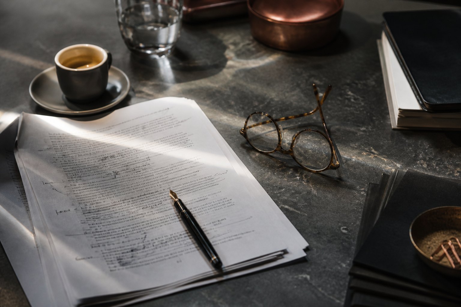 Manuskript einer Pressemitteilung mit handschriftlichen Korrekturen, Füller und Espresso