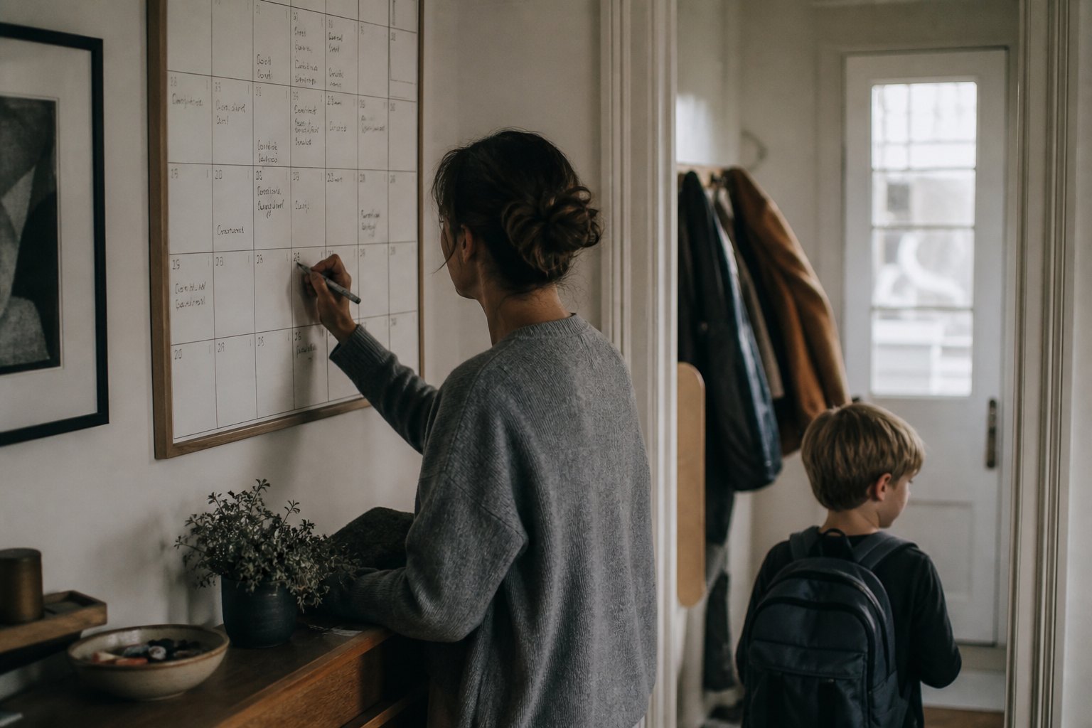 Familienkalender an der Wand voller handschriftlicher Termine