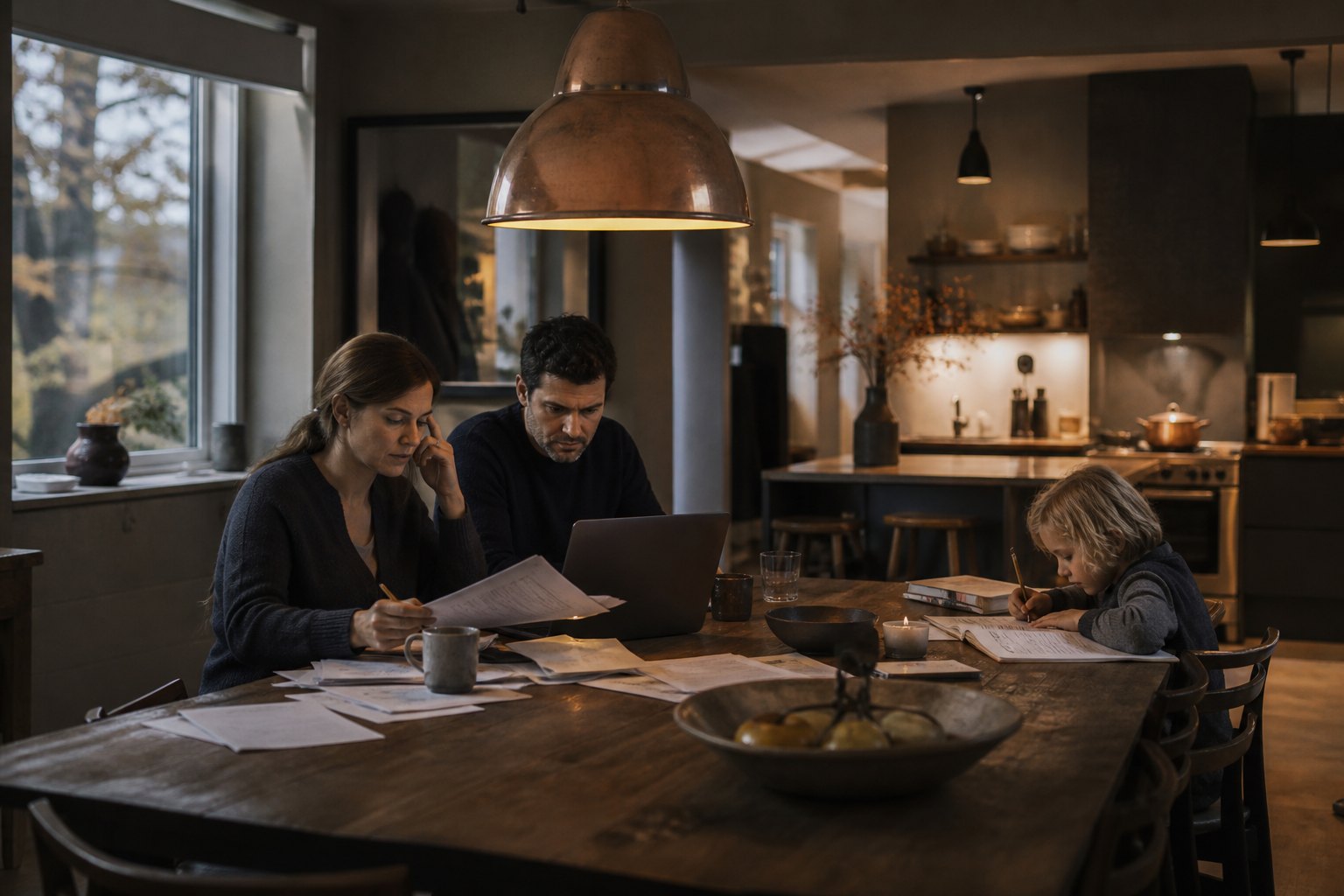 Familie am Esstisch am Abend: Eltern mit Briefstapel und Laptop, Kind macht Hausaufgaben
