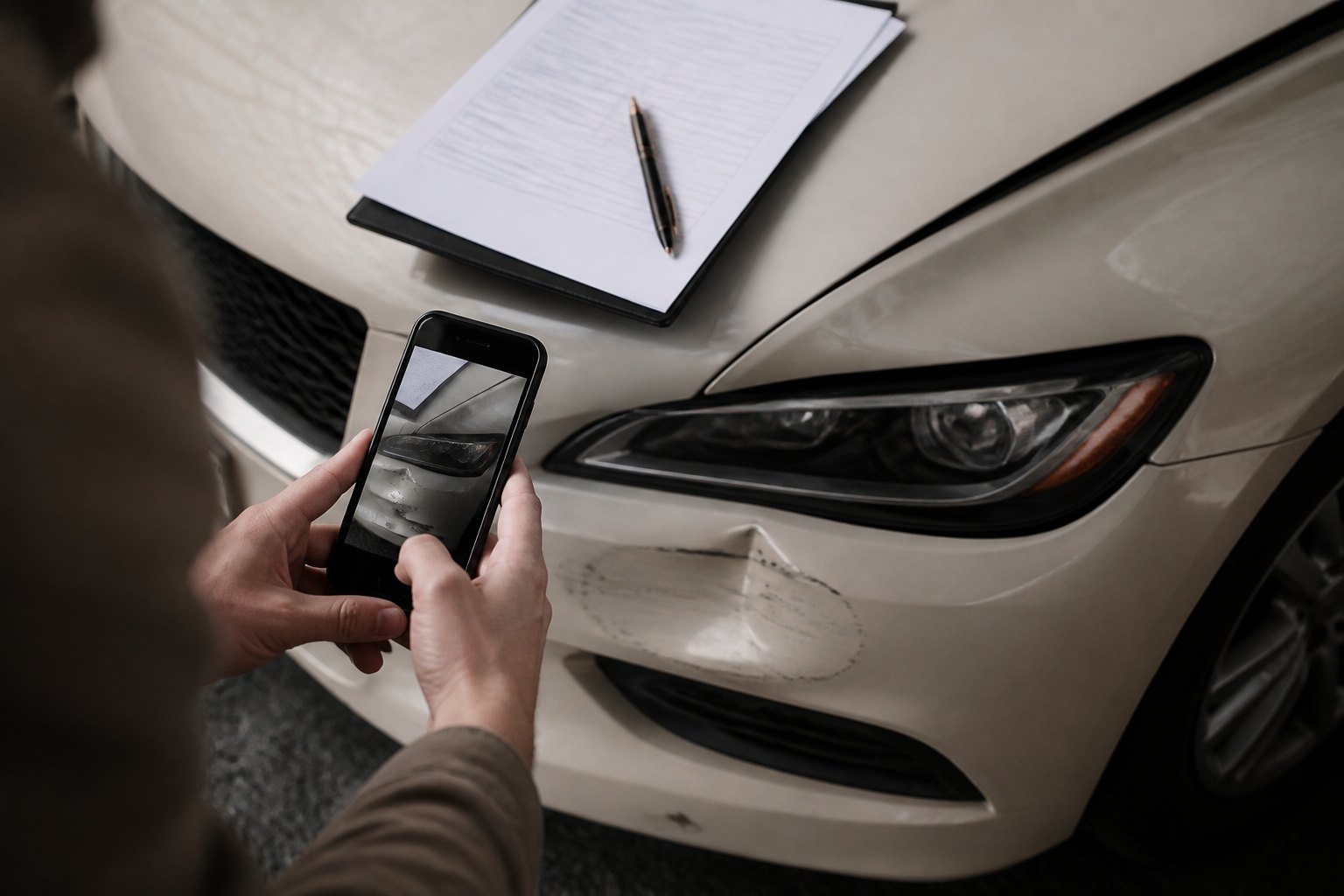 Smartphone fotografiert einen Schaden am Auto, ein Formular liegt auf der Motorhaube